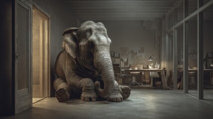 Obraz premium Elephant In Room. A Big Elephant Sitting Quietly in an Office Environment