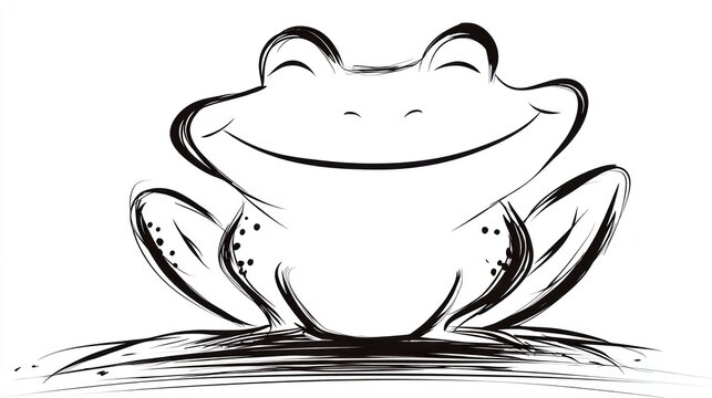 Sketch of happy frog sitting, eyes closed, smiling. Black and white image