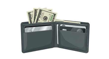 Stylish wallet with cash and cards isolated on transparent background for financial illustrations and marketing purposes