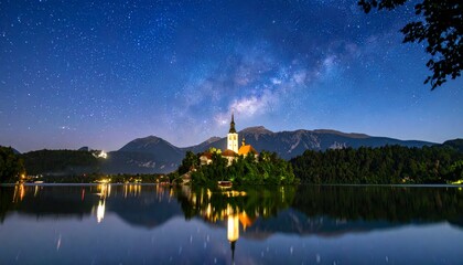 Starry sky over Lake Bled's island
