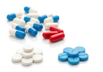 Assorted pills and capsules in red, blue, and white, neatly arranged on a glossy white surface, blurred