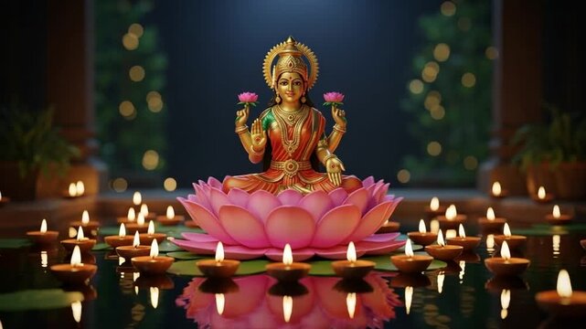 Golden Hindu Goddess Sitting on Lotus with Lit Candles Decoration Displayed on Dark Water Reflection
