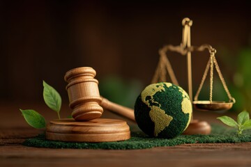 international environment Law. climate regulation concept. law principles of sustainable environmental conservation.environmental protection. gavel and scales with icon eco-friendly legislation law