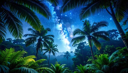 Obraz premium Starry sky over tropical rain forest