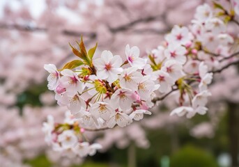 Fototapeta premium Cherry blossom branch laden with soft pink flowers, blurred background of similar blossoms