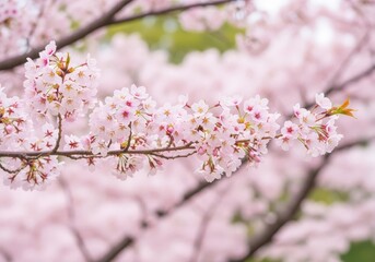 Obraz premium Branch of cherry blossoms, light pink petals, with blurred background creating soft, springtime mood