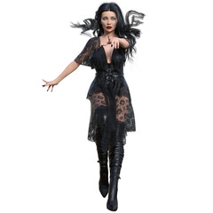 3D rendered woman in a sheer black lace dress and high boots, isolated on transparent background
