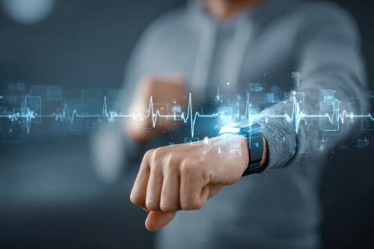 Man use smart watch for health care technology monitoring, ai analysis body to report and check health. Application track health Concept