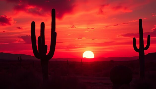 Silhouetted cacti against a blood-red sunset, lone tumbleweed rolls across desolate landscape, death, southwest