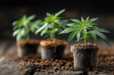 Three small cannabis seedlings in dark pots, nestled in soil