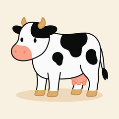 Cute cartoon cow illustration in black and white, perfect for product packaging, labels, web design, banners, book illustrations and art prints with a playful, child-friendly style. 