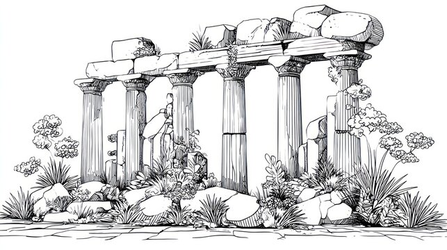 Ruined temple columns drawing, weathered stones and encroaching plant life