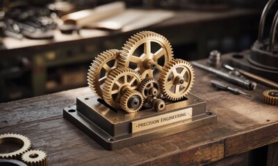 Obraz premium Golden gears intricate mechanism on workbench