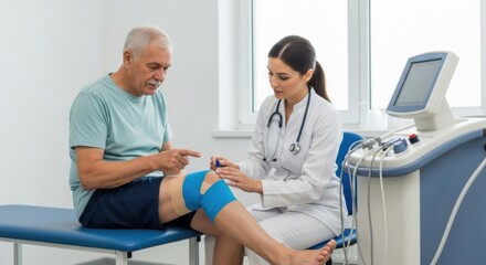 Obraz premium Medical Professional Examining Elderly Man with Knee Injury in Clinic