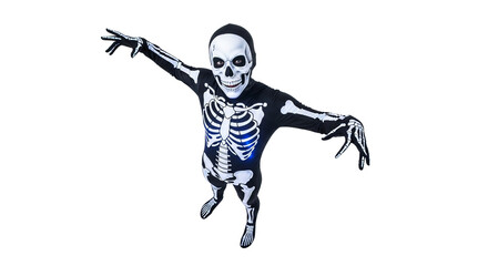 A child in a skeleton costume poses with outstretched arms, isolated on white.