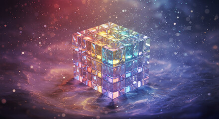 Abstract iridescent cube composed of smaller cubes, floating amidst a swirling nebula of purple, blue, and red light with scattered stars.