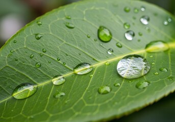 Close-up shot showing a vibrant green leaf with crystal-clear water droplets resting on the surface, emphasizing details