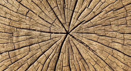 Fototapeta premium Close-up of a tree trunk cross-section, showcasing the radial pattern of cracks and the texture of the weathered wood.