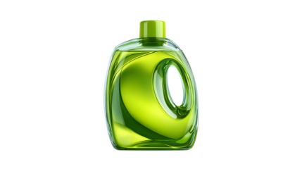 An artistic 3D render of a modern green liquid detergent bottle with sleek design, minimalistic style, placed perfectly on smooth white background 
