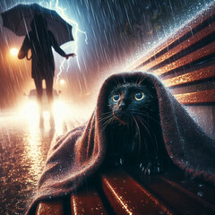 A soaked black cat shivering under a park bench during a thunderstorm, its eyes reflecting lightning flashes. A blurred figure approaches with an outstretched blanket, rain creating a bokeh effect