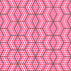 Raster version. hexagonal geometry  with polka dots repeat pattern on light pink background seamless repeat pattern.