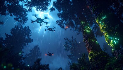 Drones light pine forest in storm night