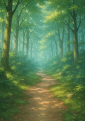 Obraz premium Serene forest path, sunlight filtering.
