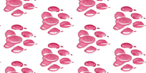 Pet care. Watercolor simple seamless pattern with pink cat footprints. Hand drawn on white background for fabric, clothes, cards design