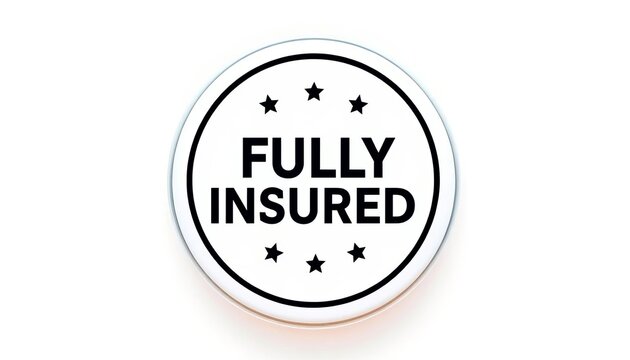 Fully insured emblem; round button, white background,  approved,  stamp