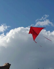 Red kite flying in a partly cloudy sky