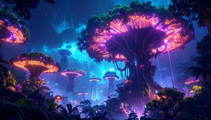 Futuristic icy canyon with neon glows