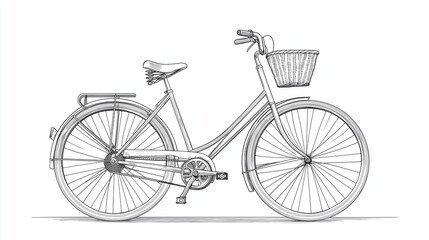 A detailed sketch of a bicycle with a basket on the front and a rack over the back wheel on white background
