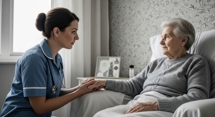 Obraz premium Nursing Caregiver Woman Wearing Blue Uniform Holding Elderly Woman Hand in Hospital Room