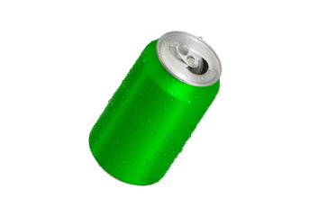 Open Aluminum green soda can with water drops, transparent background
