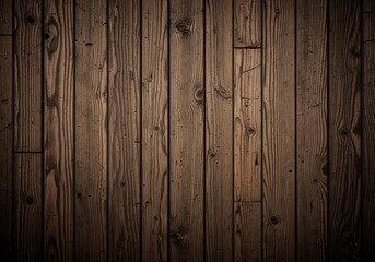 Fototapeta premium Dark, vertical wooden planks show a distressed surface with visible grain and knots, adding rustic texture