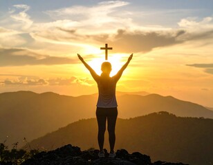 Christian Figure Silhouette at Sunset Peak