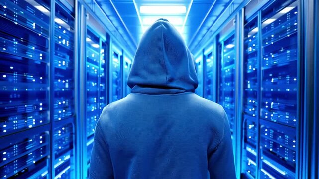 Cyber hacker hoodie standing in data center facing server racks cyber attack anonymous data breach digital security cybercrime internet protection threat system technology network blue light