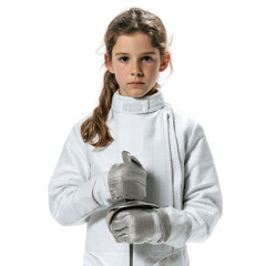 Young Fencer in Uniform Ready for Action in En Garde Stance