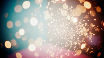 Abstract golden background with glowing bokeh lights, sparkling dust particles and shimmering effects, elegant festive design for luxury, celebration, and holiday themes.