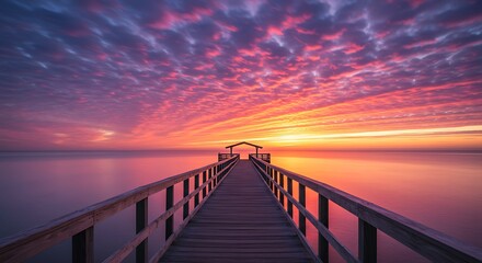 Obraz premium Serene Wooden Pier Leading to a Gazebo Under a Vibrant Sunset Sky