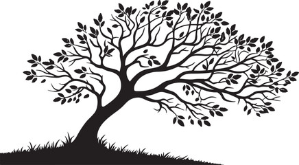 A black silhouette of a tree with leaves is depicted against a white background.
