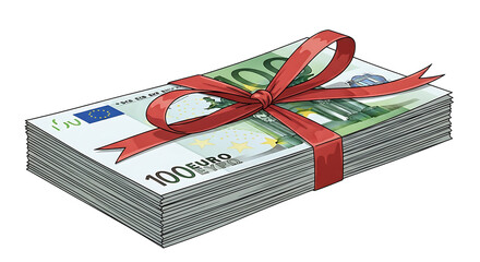 Gift-wrapped bundle of 100 Euro banknotes isolated on a transparent background