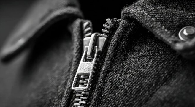 Close-up of a metal zipper on dark denim jacket