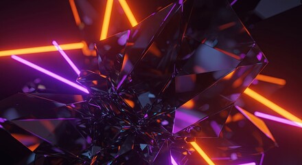 Dark Crystal Facets with Neon Orange and Purple Lights: Abstract 3D Render