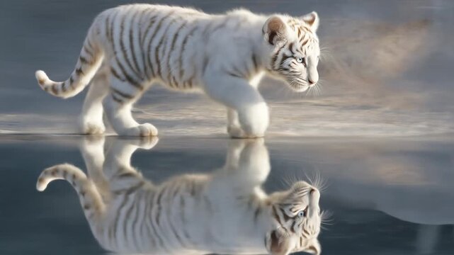 A captivating white tiger cub gazes at its reflection in a still pool of water.
