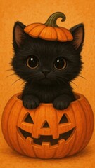 Adorable kitten inside pumpkin.