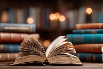 Fototapeta premium Open book on wooden table, stacks of books in library setting
