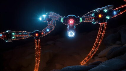 Futuristic advanced biomechanical probe with a glowing neural network exploring a dark, rocky alien landscape.