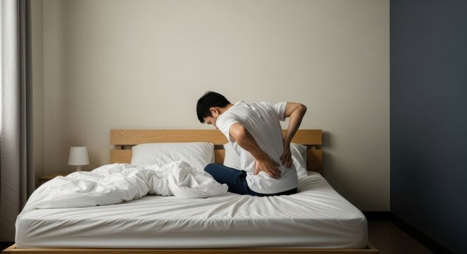 Young Man Sitting on Bed Holding Lower Back in Bedroom with Minimalist Decor - Powered by Adobe