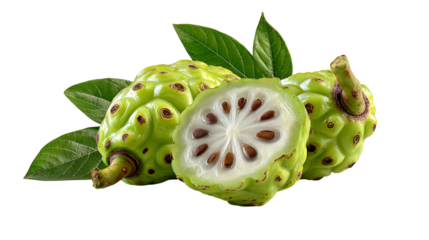 Noni fruit halved showing seeds and leaves on black background